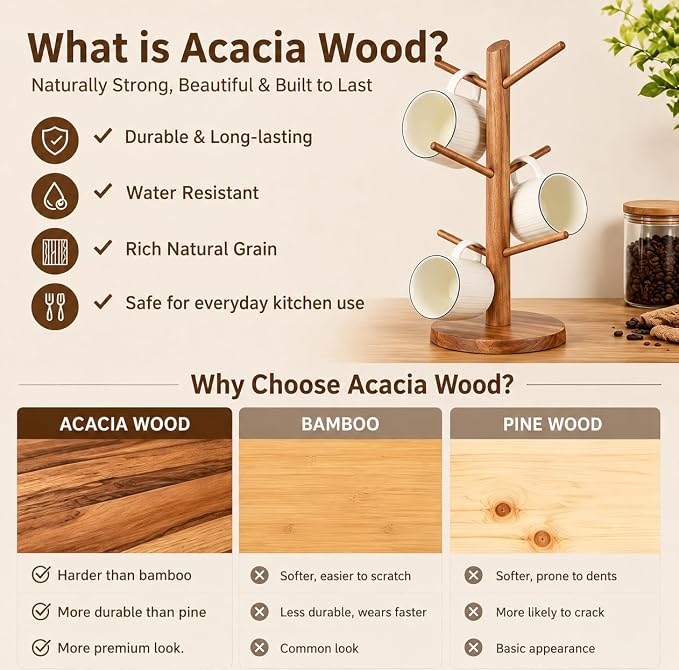 Large Acacia Wood Mug Holder Tree - Image 7