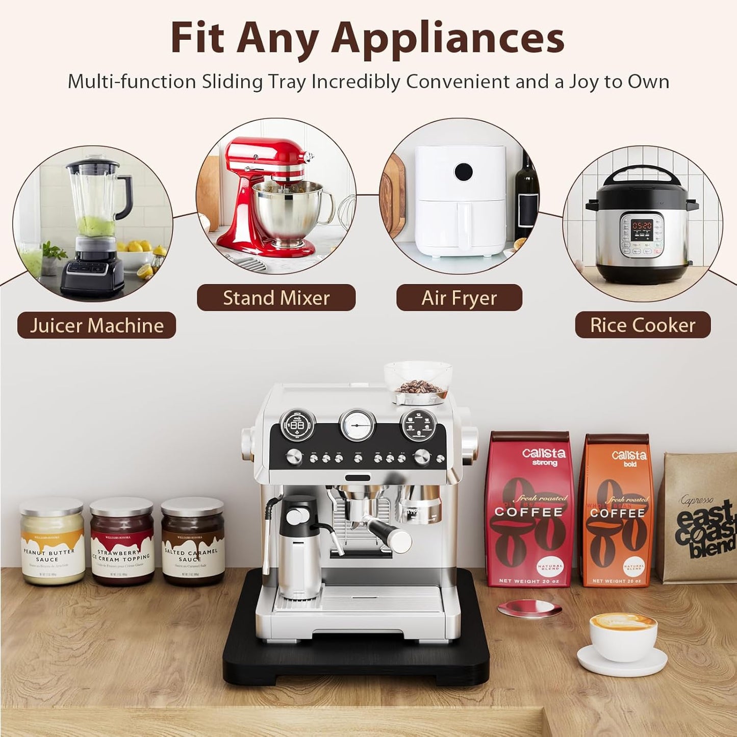 GuanQiao 360° Rotation Appliance Slider for Coffee Maker & Heavy Kitchen Appliance, Bamboo Rolling Tray for kitchen Counter, Sliding Tray with Premium Wheels (Black, 13.9"×11.6")