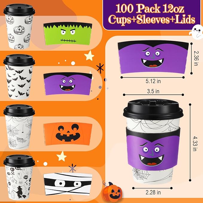 Umigy 100 Pack Halloween Disposable Coffee Cups 12 oz Paper Coffeeware - Image 3