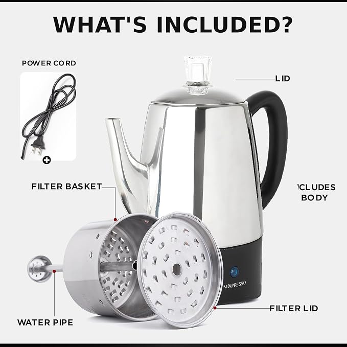 Mixpresso 10 Cup Percolator Coffee Pot Electric, Stainless Steel Coffee - Image 3