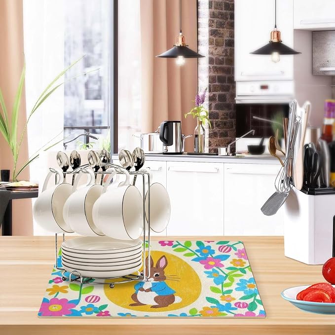 Rabbit Easter Eggs Colorful Flowers and Green Leaves Coffee Mat Coffee Bar - Image 5