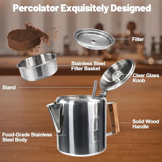 6 Cup Percolator 304 Stainless Steel Coffee Pot Coffee Maker Coffee Machine - Image 3