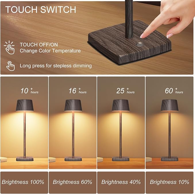 Cordless Rechargeable LED Table Lamps, 3 Color Touch Stepless Dimmable - Image 3