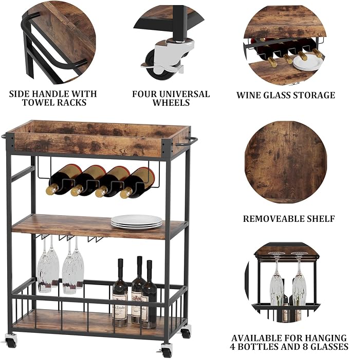 Bar Cart Serving Wine 3 Tier Home Rolling Rack - Image 5
