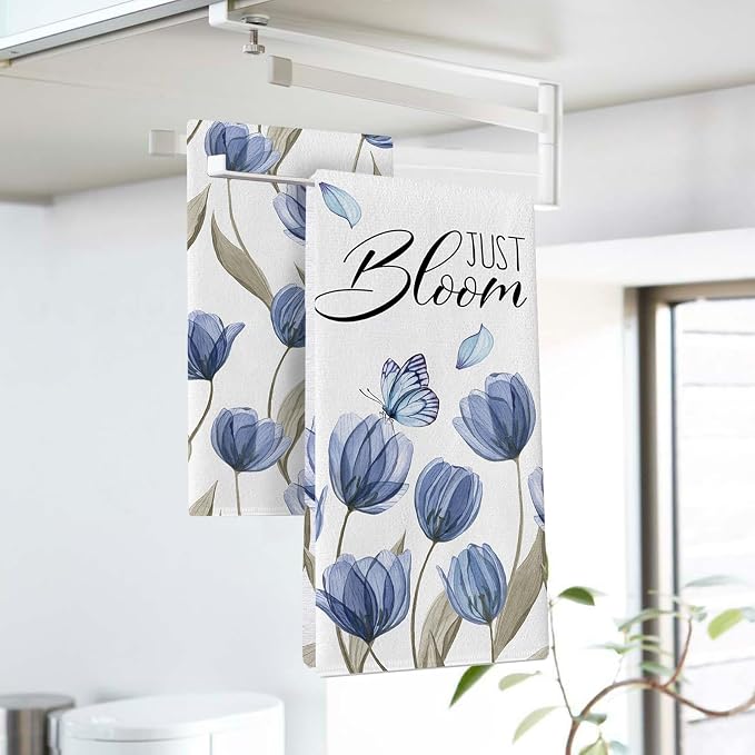 Spring Blue Tulip Flower Kitchen Dish Towels Set of 2, Just Bloom Floral - Image 3