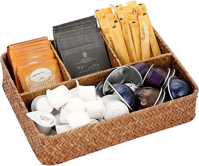 Hipiwe Tea Bag Sugar Packet Holder Woven Seagrass Storage Basket 4 Sections by Hipiwe