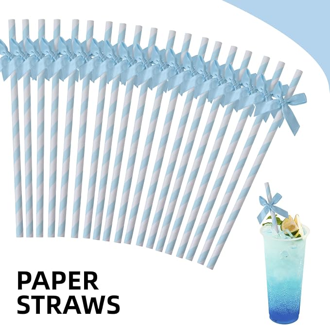 50pcs Blue Bow Straw, 7.7inch Biodegradable Cute Girly Paper Cake Pops Treat - Image 3