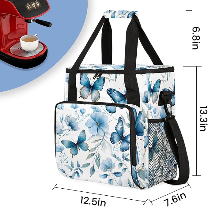 Butterfly Blue Floral Coffee Maker Carring Bag, Large Insulated Storage - Image 2