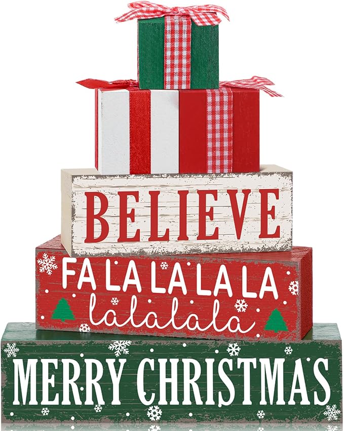 Geelin 4 Pieces Merry Christmas Wooden Table Decorations Xmas Wood Gift Boxes - Image 7