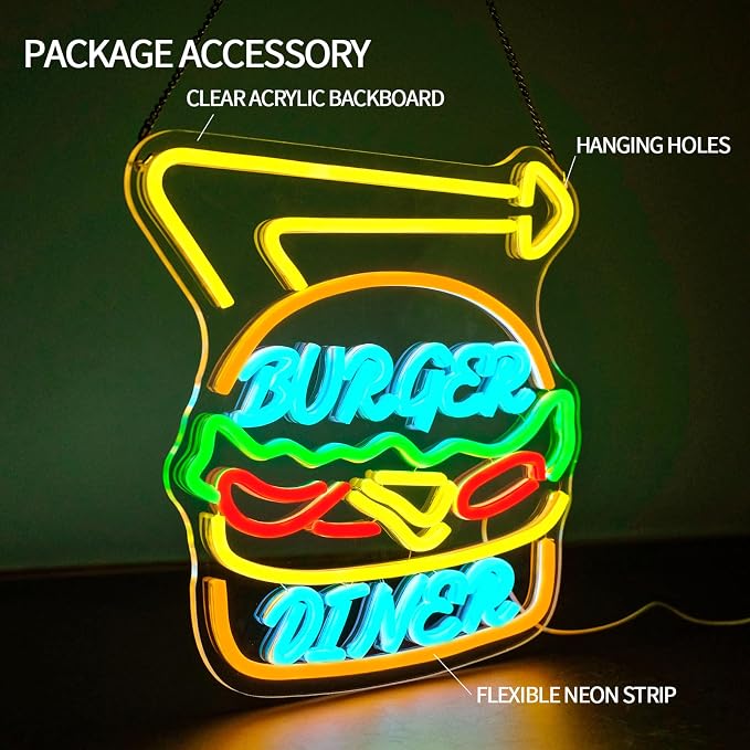 Diner Burger Neon Sign for Bussiness Dimmable Hamburger Neon Light Sign for - Image 3