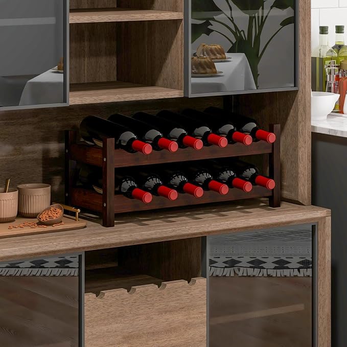 Giantex Bamboo Wine Rack, 2 Tier 12 Bottle Wine Storage Cabinet Shelf, Small - Image 2