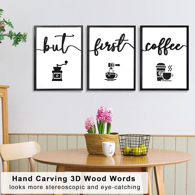 3D Wood But First Coffee Sign, Framed Coffee Bar Wall Decor Wall Art - Image 3