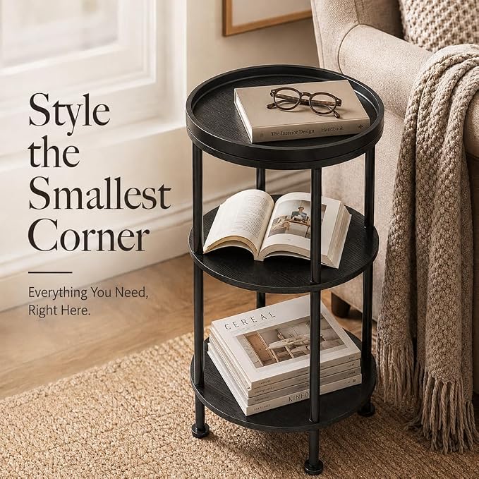 Small Round Side Table with Tray Top, 3-Tier Black End Table - Image 4