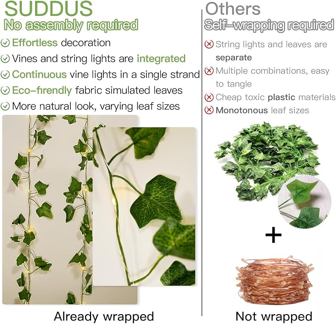 suddus Vine with Fairy Lights Battery Operated, 33ft 100 LED Ivy String Lights - Image 4