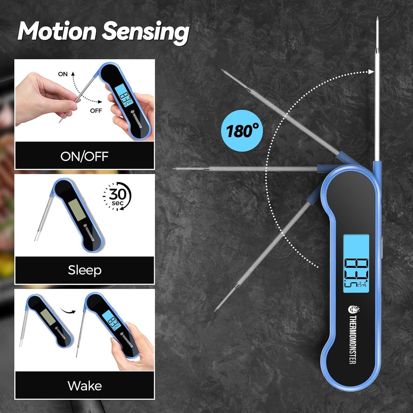 0.5 Sec Instant Read Meat Thermometer Digital with ±0.5℉ Precision, 100% Waterproof Auto Flip Bright LCD Screen, Motion Sensing Food Thermometer for Cooking Kitchen Oven Grill Candy BBQ, Blue