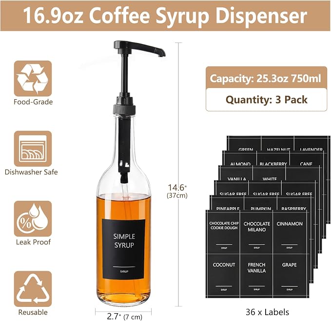 3-Pack 25oz/750ml Round Glass Coffee Syrup Dispenser - Image 2