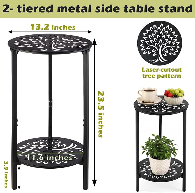 1 Pack 2-Tier Metal Round Side Table Black Accent Coffee Tables Small Space - Image 2