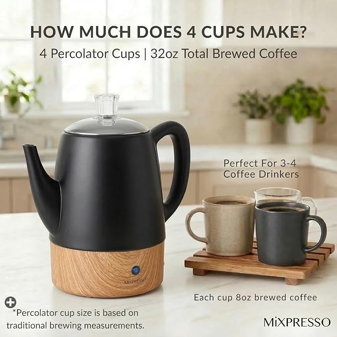Mixpresso Black Small Electric Percolator Coffee Pot 4 Cup Stainless Steel - Image 6