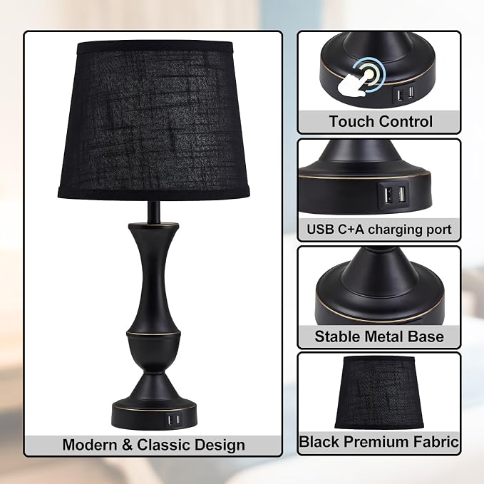 Luvkczc Black Touch Table Lamps Set of 2, Nightstand Lamps - Image 5