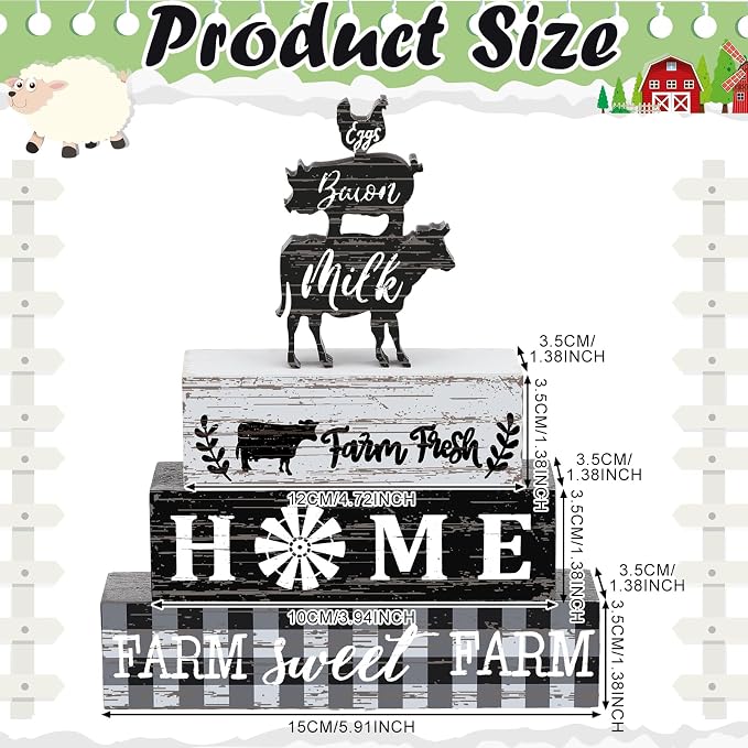 Geelin 4 Pcs Farmhouse Kitchen Signs Cow Rooster and Pig Decors Rustic Wooden - Image 4