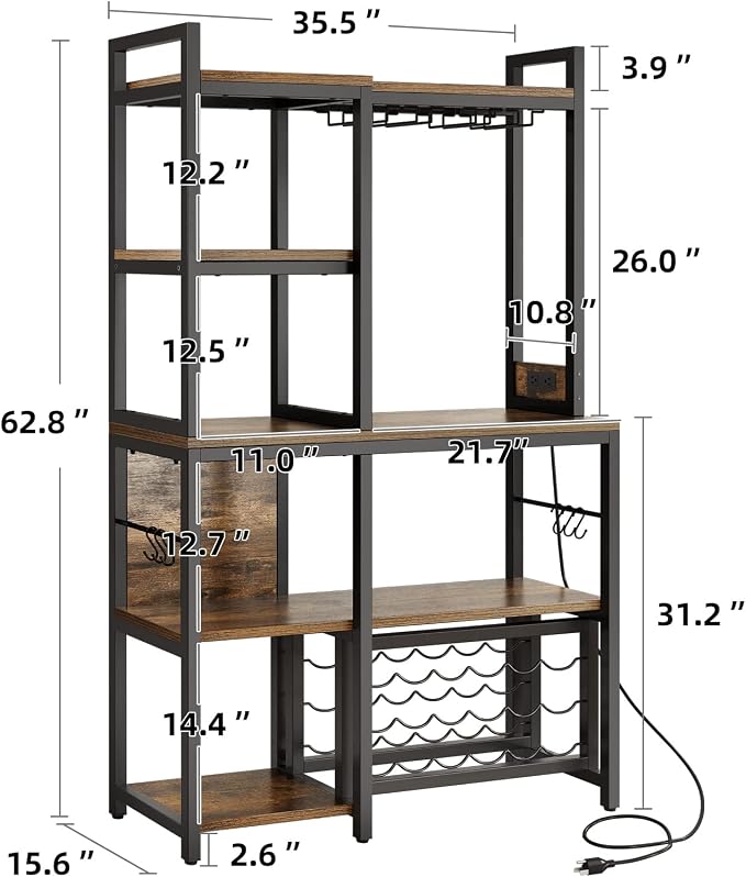 DWVO Large Bakers Rack with Power Outlets and Wine Rack, 35.5 inch 5-Tier - Image 2