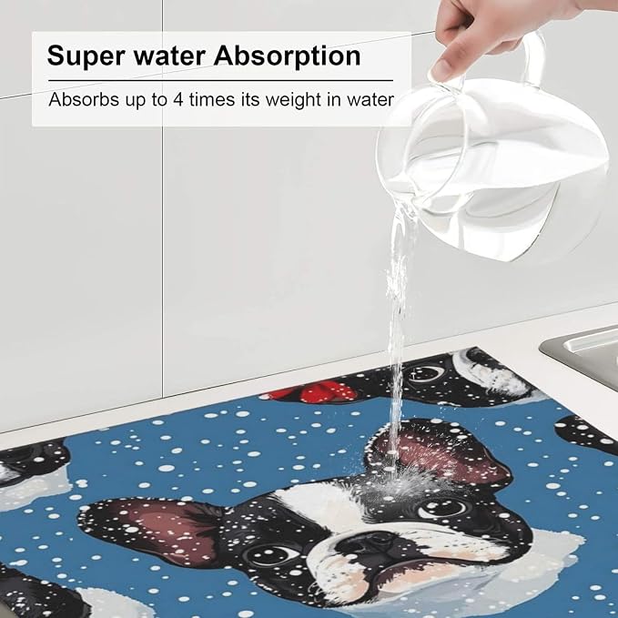 Dish Drying Mat For Kitchen Counter 16X18 Boston Terrier Red Bows Snowflakes - Image 6