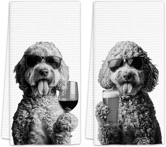 Goldendoodle Gifts Wine Kitchen Towels Set of 2, Funny Goldendoodle Wine Lover by FIicy