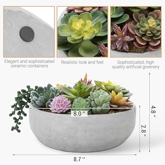 MyGift 8 Inch Round Modern Artificial Succulent Arrangement Potted in Gray - Image 5