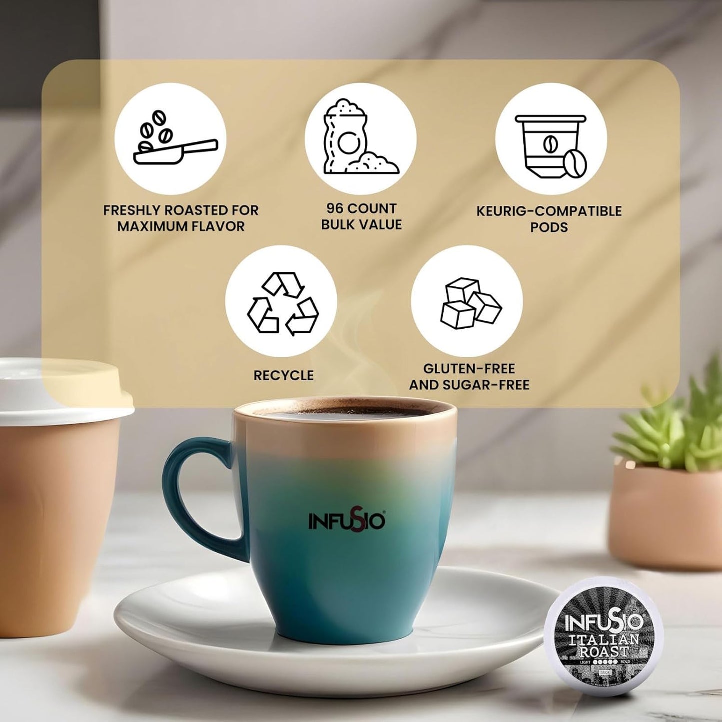 InfuSio Coffee Pods 96 Count Italian Roast Dark Roast Single serve Coffee pods for Keurig K Cups Brewers - InfuSio Premium Roasted Keurig 2.0 Compatible