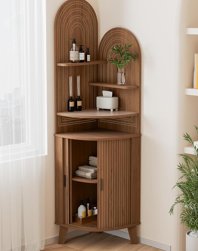 Small Corner Cabinet with Sliding Door and Storage, Tall Corner Bathroom Cabinet - Image 7