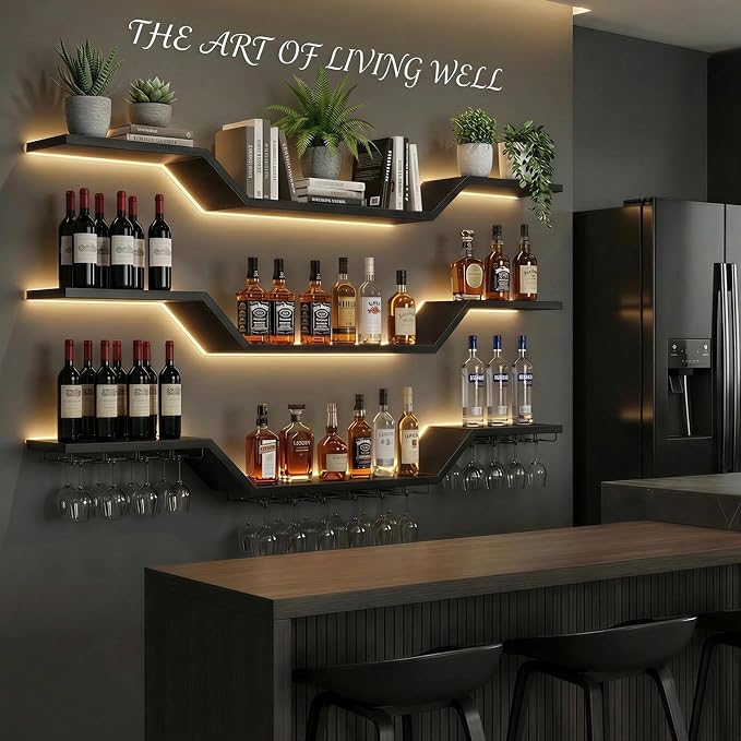 70.9-inch/180cm Metal Wall Mount Wine Rack, 3-tiers Modern Wall Bar Shelf - Image 5
