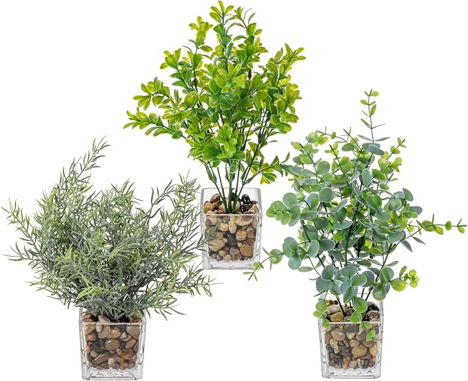 MyGift Artificial Rosemary Eucalyptus and Boxwood Plants Potted in Clear Glass - Image 6