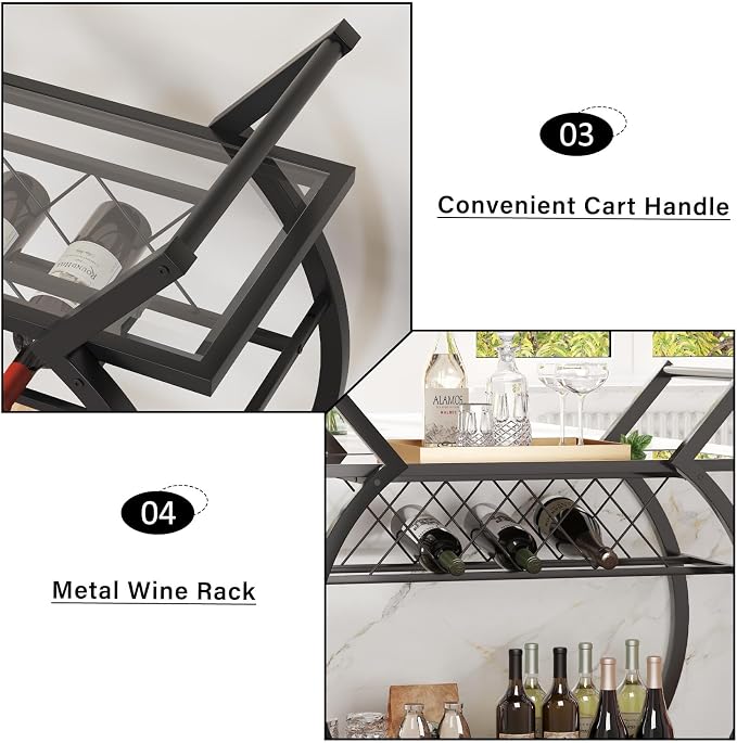 LVB Bar Cart with Glass, Home Bar Serving Cart with 2 Tier Storage Glass Shelves - Image 9