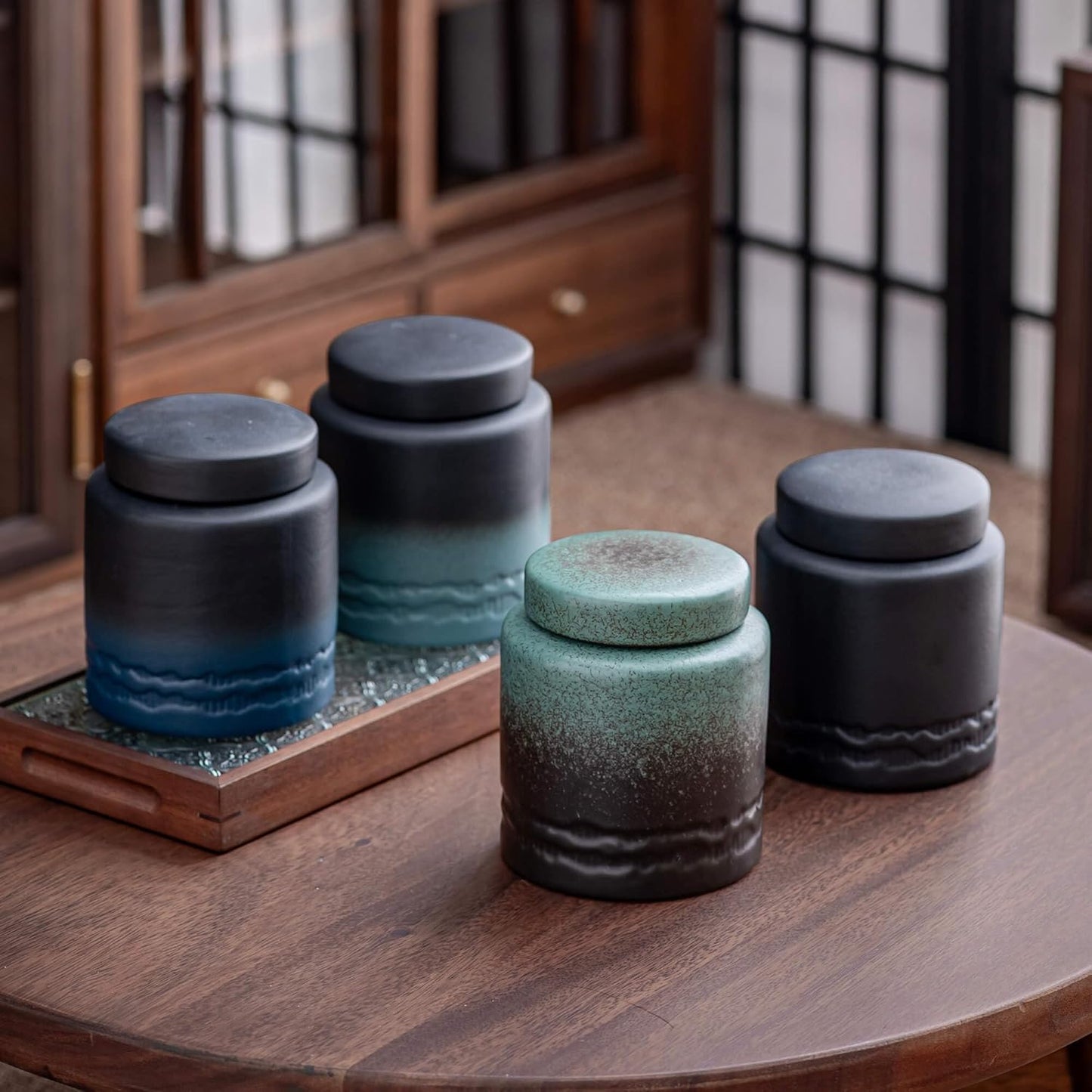 Tea Canister for Loose Tea with Airtight Lid, Kitchen Storage Containers, Ceramic Food Storage Jar, Ceramic Coffee Canister (Black)