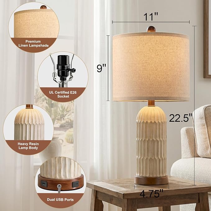 OYEARS 22.5" Bedside Table Lamps Set of 2, Farmhouse Table Lamp - Image 3