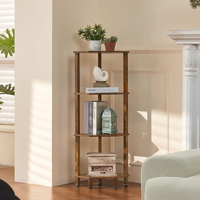 YUFAM 4-Tier Corner Shelf with Sturdy 5-Leg Base, Wooden Corner Bookshelf by YUFAM