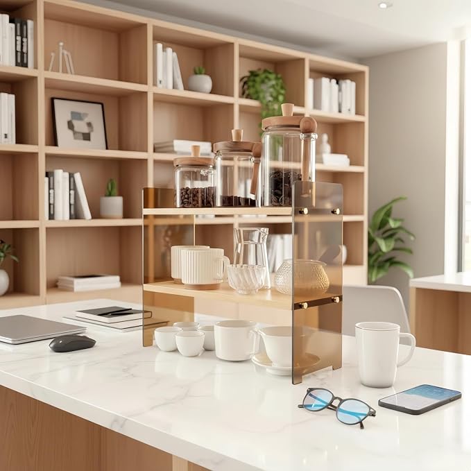 Coffee Station Organizer 2 Tier, Solid Wood Mug Shelffor Coffee Bar, Matcha - Image 4