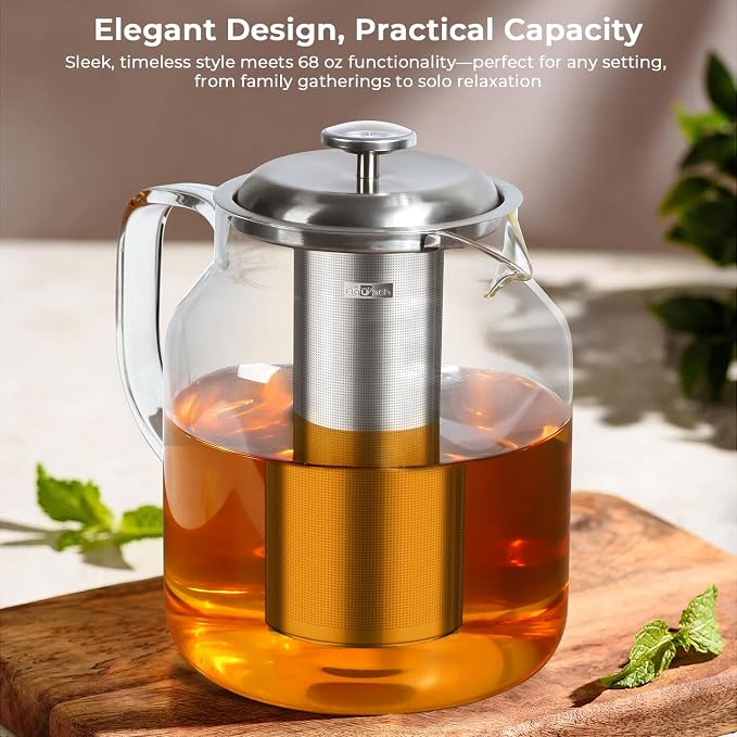 Aquach 68oz Glass Teapot with Thermometer, Stovetop Safe Tea Pot | Dishwasher - Image 2