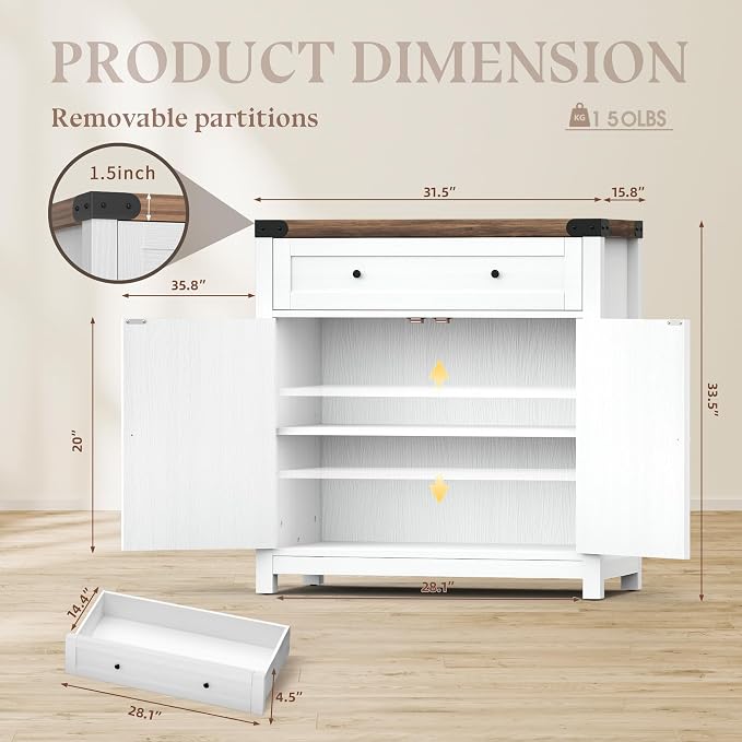 YESHOMY Coffee Bar and Accent Cabinet, Farmhouse Barn Door Buffet Sideboard - Image 3