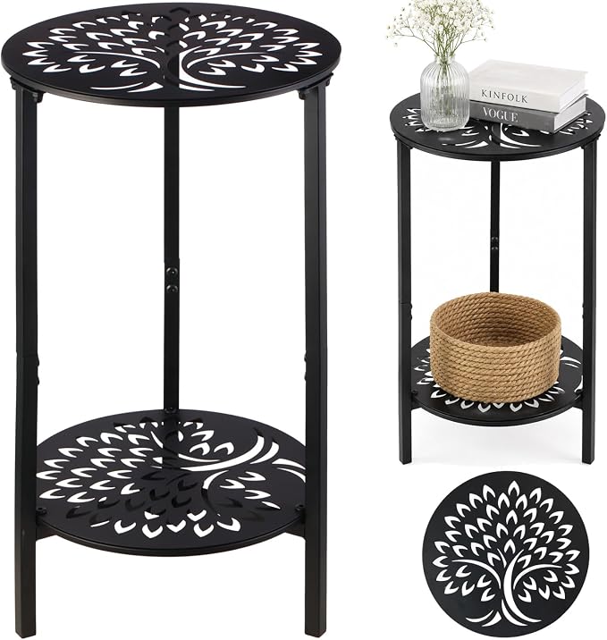 1 Pack 2-Tier Metal Round Side Table Black Accent Coffee Tables Small Space by Unknown