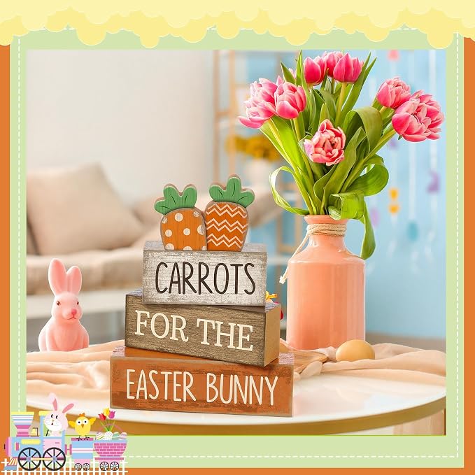Lineshading 4 Pcs Easter Decor Wooden Carrot Decoration Easter Tiered Tray - Image 6