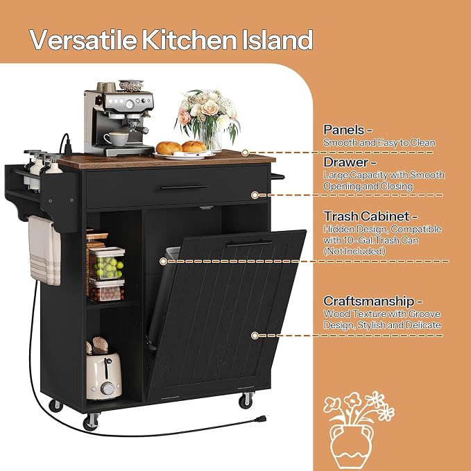 HOOBRO Kitchen Island with Trash Can Storage, Rolling Kitchen Island on Wheels - Image 6