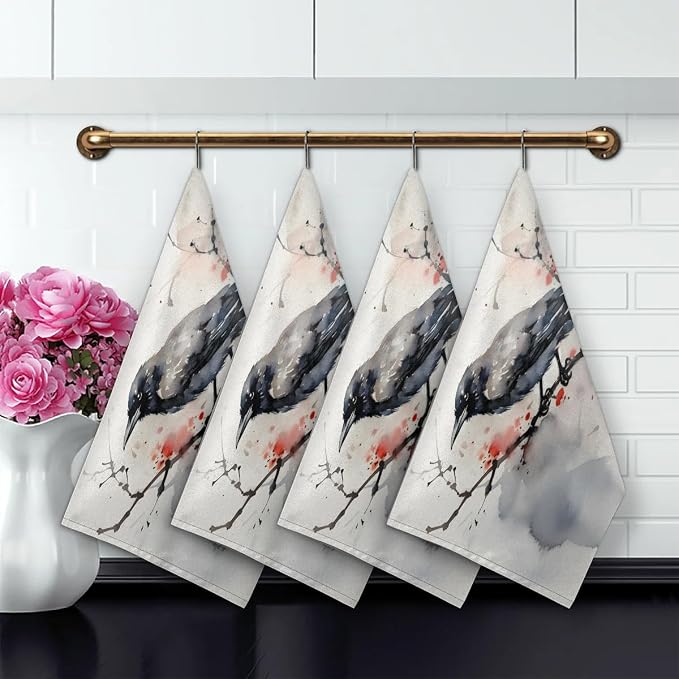 Watercolor Crow Flower Kitchen Towels Set of 2 Absorbent Drying Dish Towels - Image 4