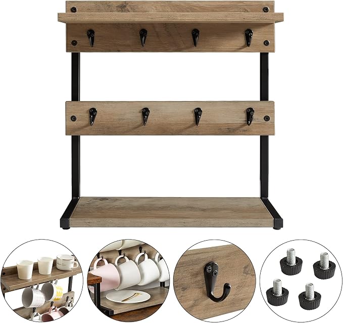 IBUYKE Rustic Coffee Mug Holder Stand, 2 Tier Countertop Mug Tree Holder Rack - Image 4