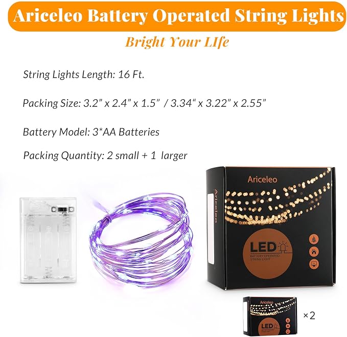 Ariceleo Led Fairy Lights Battery Operated, 2 Packs Mini Battery Powered Copper - Image 2