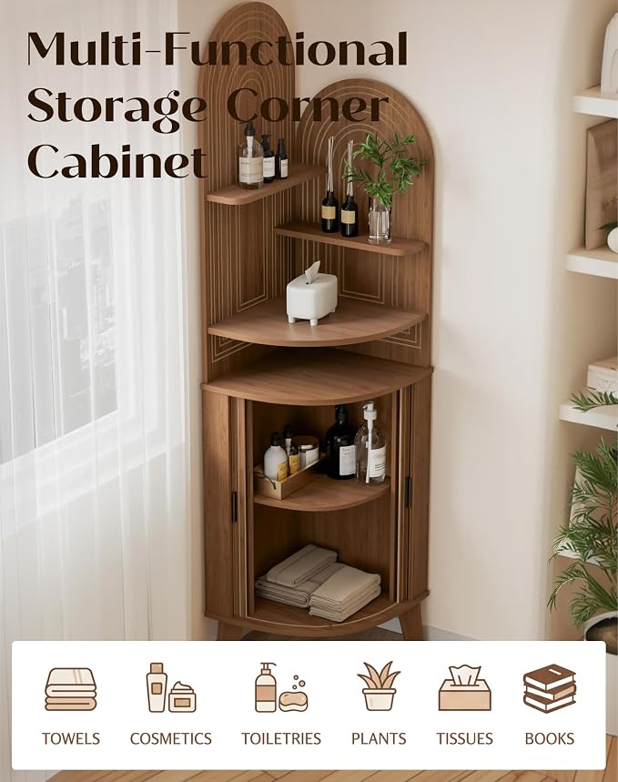 Small Corner Cabinet with Sliding Door and Storage, Tall Corner Bathroom Cabinet - Image 5