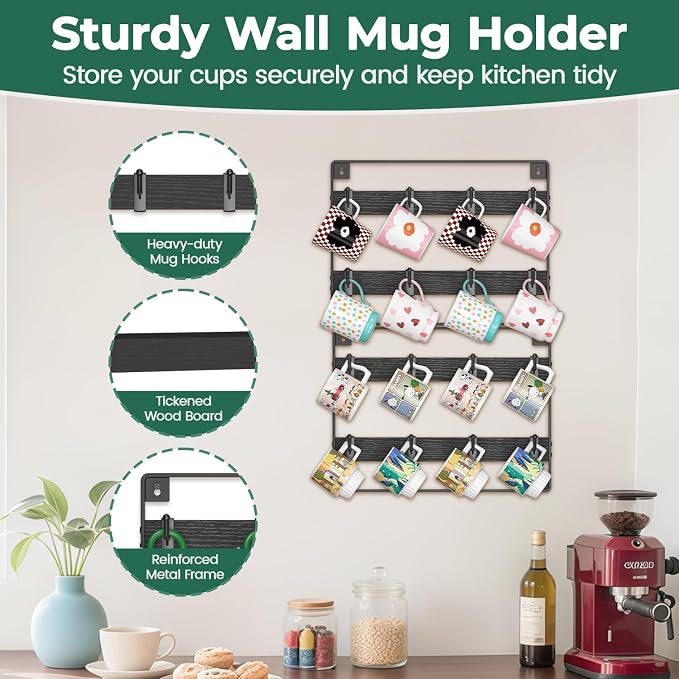EsLuker.ly Mug Holder Hanger Rack Wall Mounted Wooden 2 Pack Coffee Cup Storage - Image 4