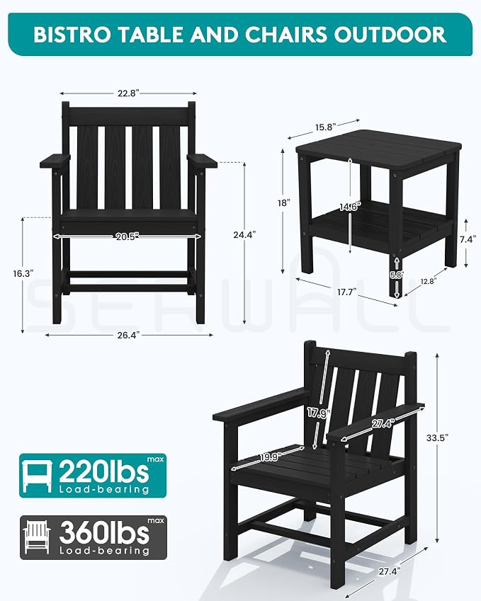 SEWRWALL 3 Pieces Patio Bistro Set, All Weather Adirondack Chair Set - Image 6
