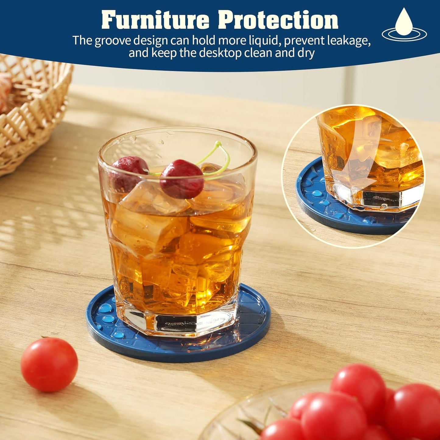 Coasters Set of 8,Hot or Cold Drink Coasters with Holder,Modern Style Coffee Table Coaster,Suitable for Kinds Cups Beer,Drink,Anti-Overflow Tabletop Protection (Navy Blue, 8pcs)