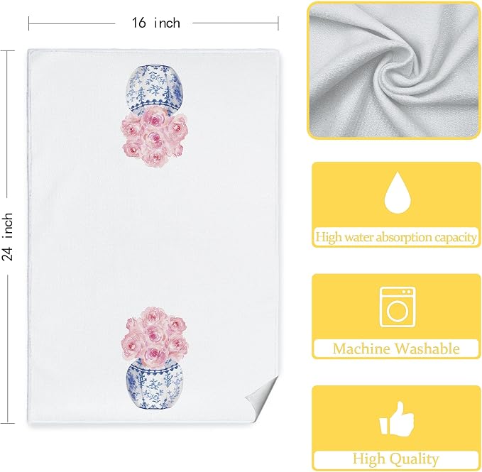 Blue and White Chinoiserie Pink Rose Flowers Floral Kitchen Towels Set of 2 - Image 5
